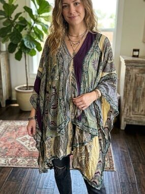 Baba Mixed Print Boho Kimono Tunic Wrap - One Size India Lagenlook Hippie Indie